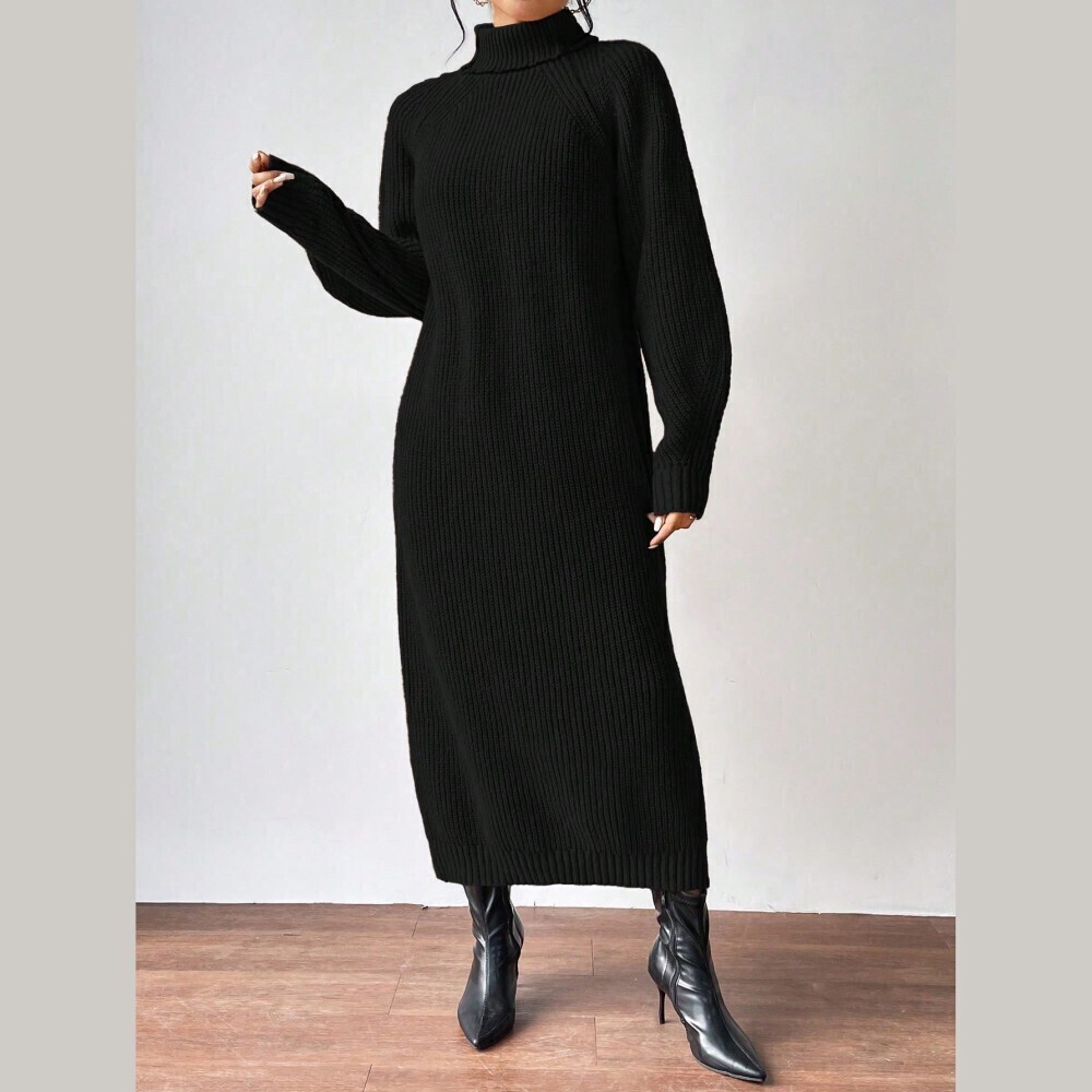 Black Ribbed Knit High Neck Long Sleeve Maxi Sweater Dress